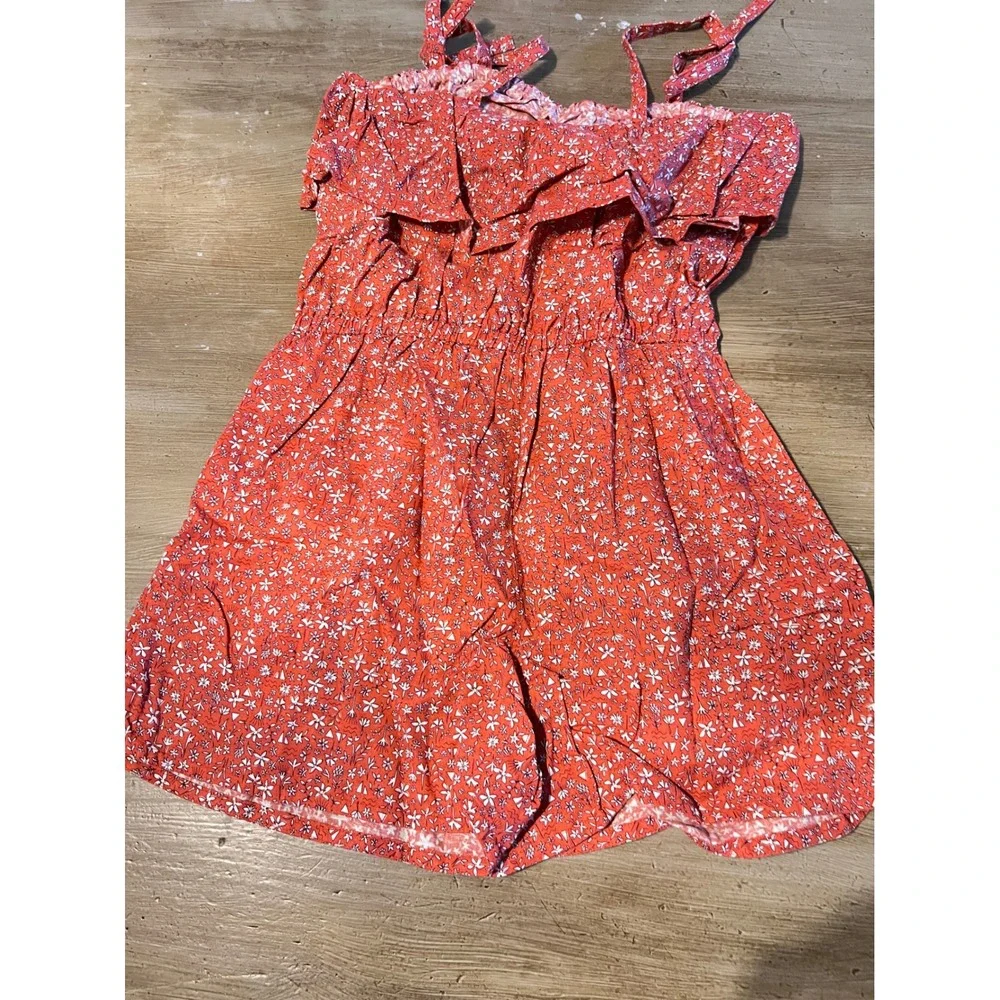 NEW Tea Collection Girls 16 Red Floral Tie‎ Shoulder Ruffle Romper Linen/Cotton